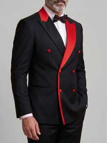 Men's Fashion Design Colorblock Double-Breasted Blazer, Light Business Style Suitable For Daily Wear, Casual Commute, Business Party And Banquet, Spring/Summer - Black - View 4