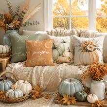 4件組 Hello Pumpkin Give Thanks 抱枕套 17.7x17.7英吋，秋季感恩節豐收居家沙發裝飾 - 彩色 - 查看 1