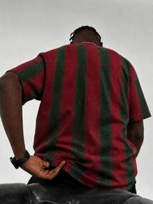 Fractyr 男士復古葡萄牙 No.7 三星垂直條紋 T-shirt，酒紅與綠色拼接做舊圓領足球短袖上衣 - 酒紅色 - 查看 5