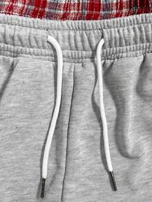 Celana Jogging Pria Abu-abu Muda Longgar dengan Kaki Lebar, Pinggang Ganda Motif Kotak-kotak Kontras, Tali Serut di Pinggang, Saku Samping, Streetwear Gaya Y2K untuk Musim Gugur/Dingin - Grey - View 5