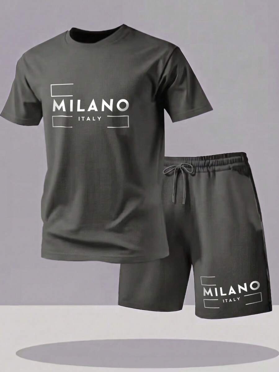 Men's Letter Print Short Sleeve T-Shirt And Shorts Casual Suit - Dark Grey - View 1