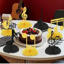 8 piezas de centros de mesa de panal de abeja con notas musicales de papel, suministros para conciertos y bautizos, decoraciones para fiestas de cumpleaños con tema de notas musicales, decoraciones para fiestas con tema de notas musicales de saxofón, centros de mesa de fiesta en negro y dorado - Ver 6