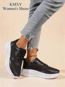 KMXY 1 Pair Breathable Mesh Lace Up Platform Walking Sneakers, Fashion Design All-Match Lightweight Casual Shoes, Four Seasons Wearable Daily Footwear - Black - View 4
