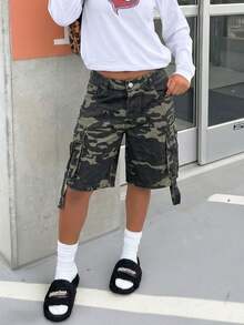 Women's Straight Leg Cargo Denim Capri Pants Casual Summer - Army Green - View 1