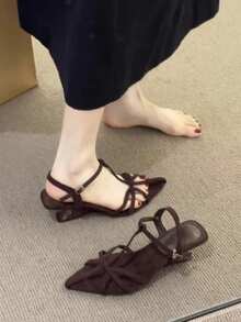 復古細帶女款小眾設計不對稱坡跟高跟露趾夏季涼鞋 - 咖啡棕 - 查看 3