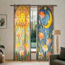 2pcs Bohemian Vintage Tarot Sun Moon Floral Print Semi-Sheer Curtains, 90GSM Polyester Semi-Sheer Privacy Protection, Easy Installation, Quick Dry, Washable And Fade-Resistant, Lightweight Removable Curtains, Suitable For Home, Room, Kitchen And Other Partitions Or Decoration - Multicolor - View 7