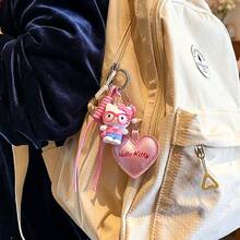 Miniso Hebilla de cuerda de mano Hello Kitty Fashion Sweetheart, colgante de llave con corazón 3D KT, accesorio para mochila para niñas (1 pieza) - Rosa - Ver 4