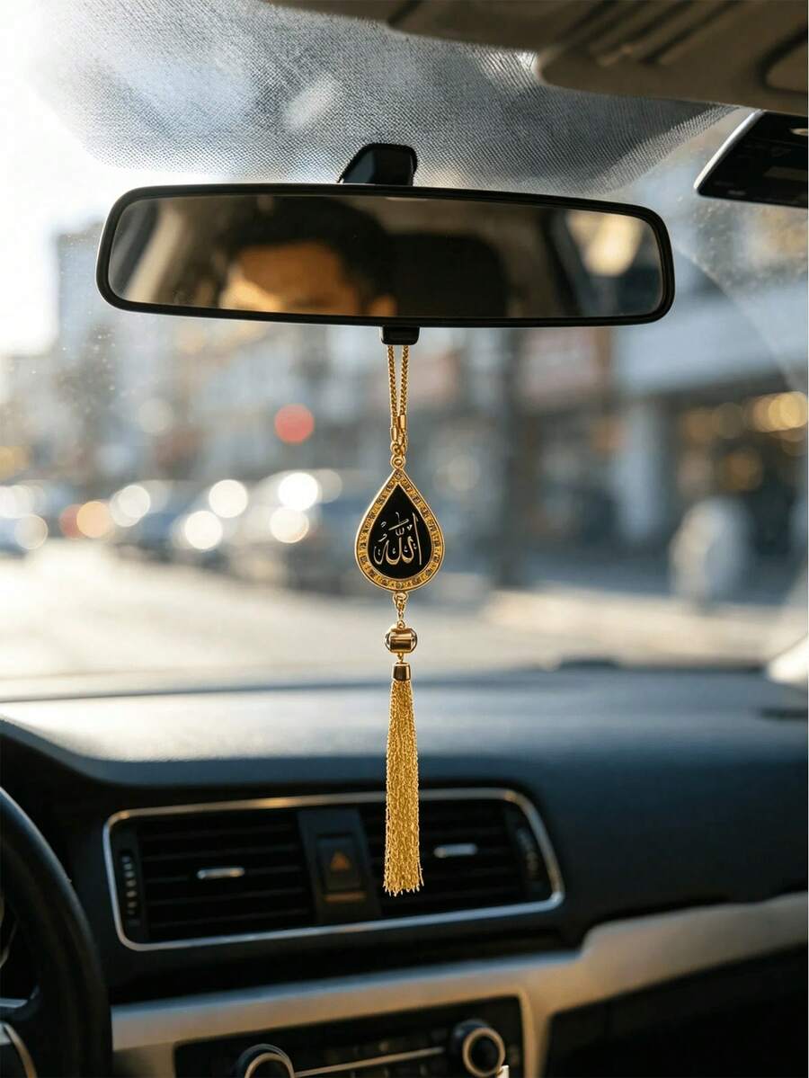 Luxury Islamic Calligraphy Car Rearview Mirror Hanging Ornament, Gold Water Drop Shaped Rhinestone Ramadan Car Charm With Tassel, High-End Ramadan Car Accessory, Ramadan Gift