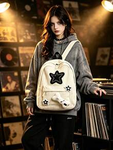 1 pieza Mochila casual con decoración de estrella & hueso Y2K, mochila escolar ligera de pana con cremallera, mochila casual de gran capacidad con múltiples bolsillos, adecuada para estudiantes/graduados/jóvenes, adecuada para regreso a la escuela/uso diario/compras/viajes cortos y actividades de ocio al aire libre - Multicolor - Ver 8