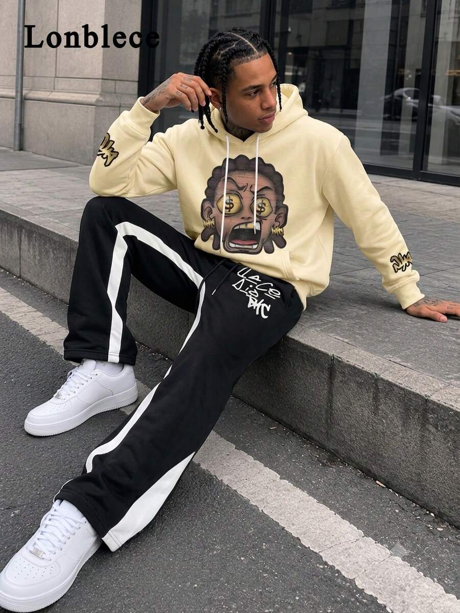 Lonblece 2 件男士秋季服装:图形卡通肖像印花连帽运动衫和配套运动裤/慢跑裤套装 - 卡其色 - 查看 1