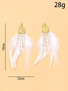 1 Pair Spiral Seashell White Feather Horse Eye Rhinestone Tassel Earrings, Suitable For Women's Bohemian Style Beach Vacation Accessories - Rhinestones - View 3