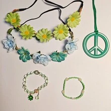 5pcs Hippie Accessories Set, Including Peace Sign Beaded Bracelet, Necklace, Flower Crown Headpiece, Hippie Costume Props, Suitable For Women To Attend Parties, Can Be Used For Halloween Party Costume - Multicolor - View 18