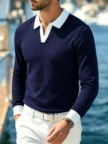 New Men's Casual Comfortable Knitted Long Sleeve Polo Shirt, Versatile For Daily Wear - Navy Blue - View 5