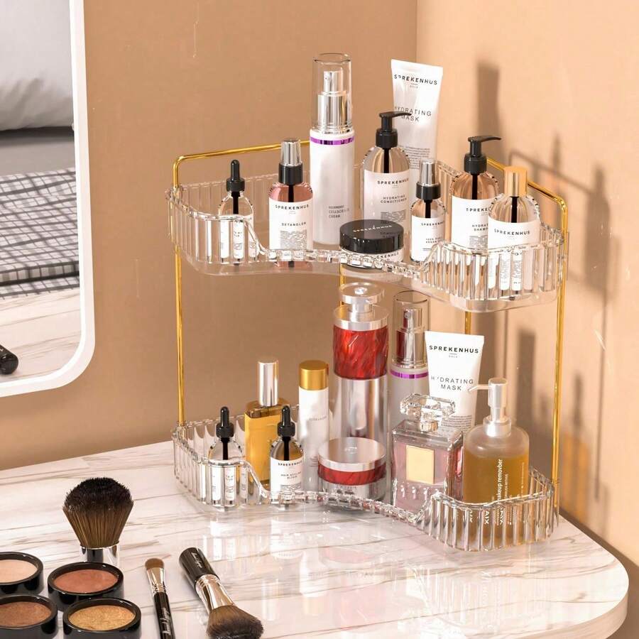 Clear Corner Bathroom Organizer Countertop With Gold Frame, 2-Tier Vanity Makeup & Skincare Organizer Tray, Multi-Use Kitchen Spice Rack, Stylish Storage Solution For Home, Ideal Christmas & Thanksgiving Gift For Homeowners - Default - View 1