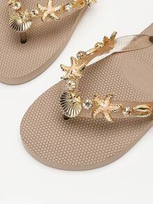 Evertop Surf Original Fashion dam-tåklämda flip-flops, handmålade med oljemålning, sjöstjärna, snäcka och strassdekor, mjuka sulor, avtagbar dekorativ kedja, present till semesterfest, strandfotograferingsrekvisita - Kaki - Visa 3