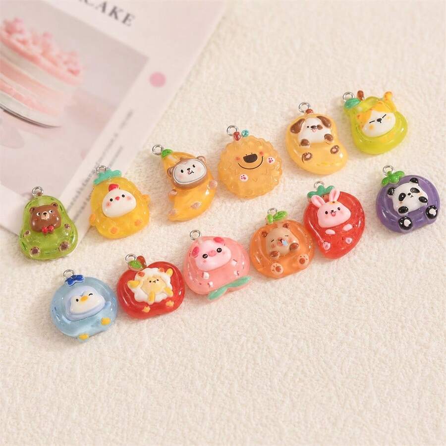12/24pcs Cute & Unique Resin Fruit & Animal Pendant, Various Adorable Fruit And Animal Combinations; Distinctive DIY Accessories Suitable For Necklaces, Earrings, Phone Cases, Bags And Other Decorations - Random Mix - Fruit Pendant - View 1