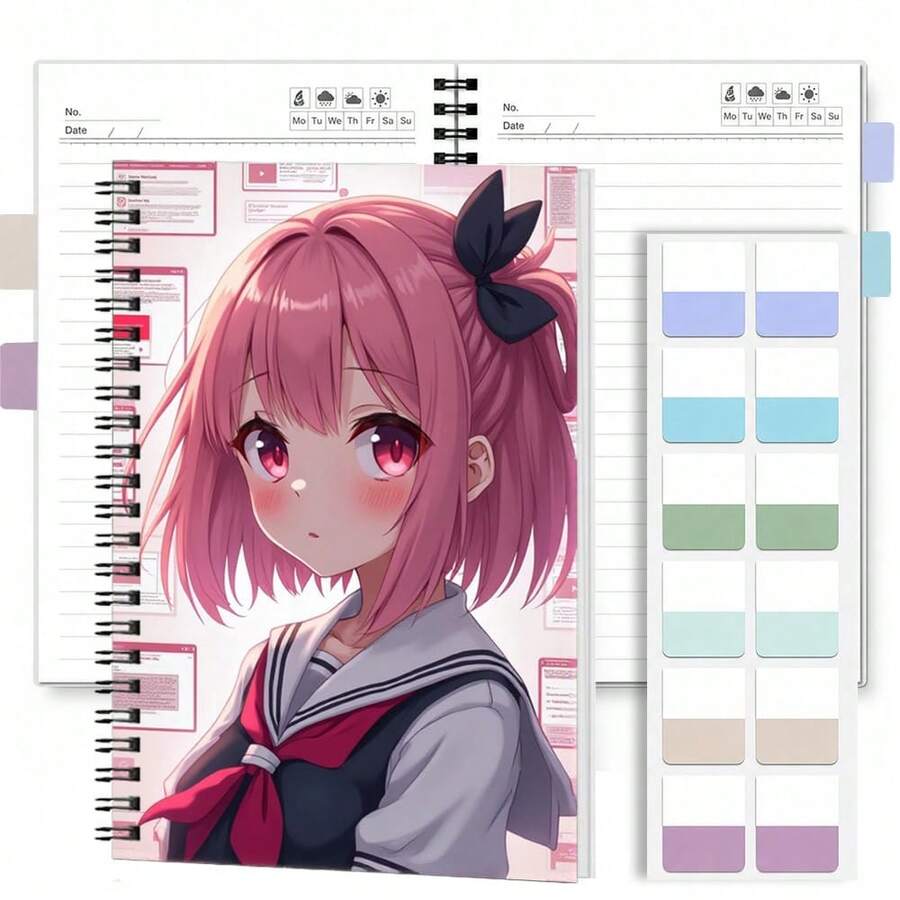 1 Set 2D Anime-Stil Spiralnotizbuch mit Index-Aufkleber-Set, frisches und süßes Anime-Mädchen-Bild, super auffällig! Perfekt für den Schulanfang, tägliche Arbeitsaufzeichnungen, Lernnotizen-Organisation, Journaling, Planung, Abschlussgeschenke, Geburtstagsgeschenke, praktische und schöne Memo-Funktion! - Mehrfarbig - Übersicht 1
