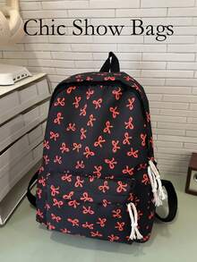 Mochila escolar clásica para estudiantes, estampado de lazos, correas ajustables ligeras, gran capacidad, mochila de viaje diario escolar con estética linda para niñas y mujeres - Negro - Ver 1