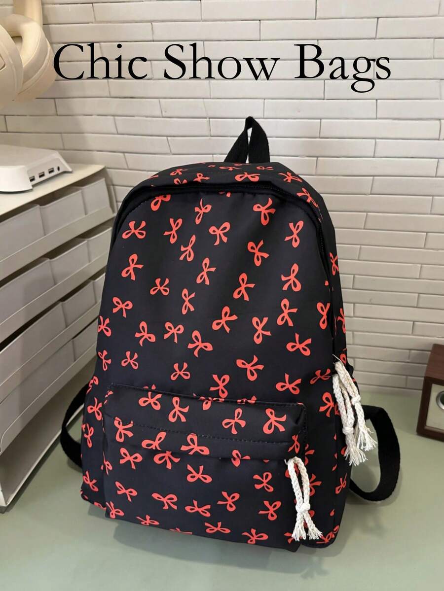 Mochila escolar clásica para estudiantes, estampado de lazos, correas ajustables ligeras, gran capacidad, mochila de viaje diario escolar con estética linda para niñas y mujeres - Negro - Ver 1