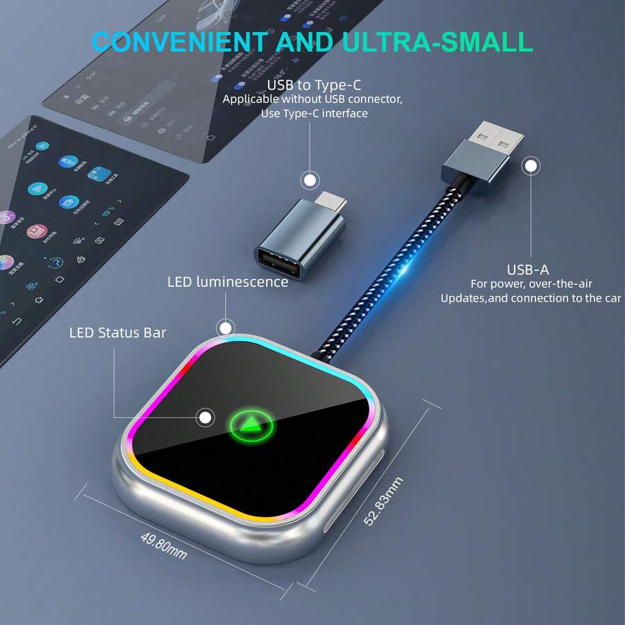 Adaptador inalámbrico CarPlay para coche, caja de conexión automática de cableado a inalámbrico, compatible con todos los smartphones, admite navegación, reproducción de música, adaptador de interconexión de unidad principal de coche con luz cuadrada de colores, plug and play, interfaz dual tipo C - A - Ver 1