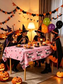 1/3/5pcsPink Halloween Tablecloth - Pumpkin Ghost Happy Cloth Day Party Decoration - Rectangular Plastic Tablecloth For Interior Decoration - Halloween Disposable Tablecloth - View 1
