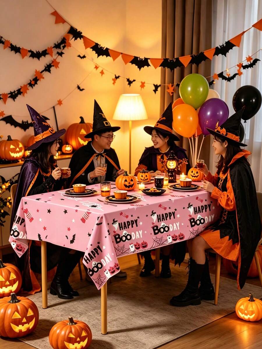 1/3/5pcsPink Halloween Tablecloth - Pumpkin Ghost Happy Cloth Day Party Decoration - Rectangular Plastic Tablecloth For Interior Decoration - Halloween Disposable Tablecloth - View 1