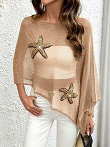 Plus Size Starfish Pattern Vacation Style Asymmetric Design Cape Knit Top Summer - Apricot - View 5