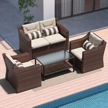 Conjunto de muebles de jardín de mimbre para exteriores, compuesto por 7, 5, 4 o 3 piezas, sofá modular de ratán para conversaciones, con mesas auxiliares de cristal y cojines resistentes a la intemperie, ideal para el patio trasero, la zona de la piscina, el porche o el jardín. - Marrón - Ver 8