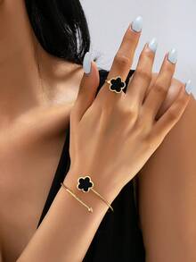 2er/Set eleganter Vierblattkleeblatt-Stil schwarzer Fünfblattkleeblatt-Blumen Damen offener Armreif & offener Ring, geeignet für Urlaubsgeschenke und Alltag-Outfit - Schwarz - Übersicht 1