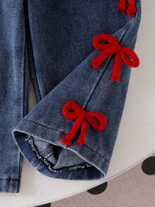 Baby Girl Spring/Autumn Vintage Red 3D Bow Cap Sleeve Top + 3D Bow Denim Wide Leg Pants 2pcs Set - Burgundy - View 8