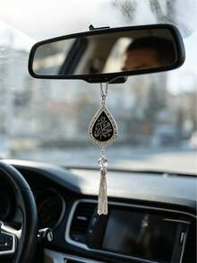 Luxury Islamic Calligraphy Car Rearview Mirror Hanging Ornament, Gold Water Drop Shaped Rhinestone Ramadan Car Charm With Tassel, High-End Ramadan Car Accessory, Ramadan Gift - A - View 8