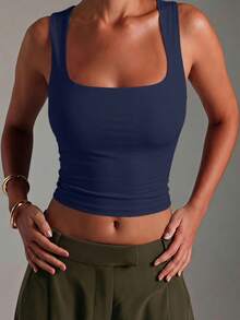 Women Square Neck Wide Strap Stretchy Slim Fit Crop Tank Top Basic Casual Camisole For Vacation Beach Street Daily Outdoor Wear - 藏蓝色 - 查看 4