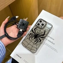 6件組太空貝殼黑色蜘蛛手機殼圖案 + 充電頭保護套 + 線材保護套 + 收納繩 + 數據線保護繩 TPU 防摔保護殼，相容 Apple 17 16 15 14 13 12 11 Mini Pro Max Air X XR XSMAX 8 7 Plus，智慧型手機保護殼，日常使用殼，時尚手機配件，創意設計，UV 列印設計，時尚保護殼，時尚愛好者，音樂愛好者，生日禮物完美選擇 - 彩色 - 查看 3