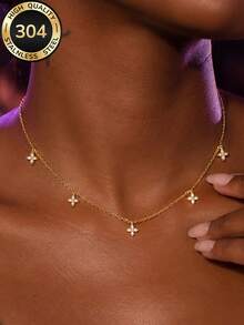 2pcs/Set 18k Gold Plated Women's Luxury Starry Four-Leaf Flower Stackable Necklace, 304 Stainless Steel Long-Lasting Color Retention, Non-Fading, Suitable For Office, Beach, Best Friend Gathering, Christmas Gift, Nightclub Party, Holiday Gift - 2-piece Set - View 4