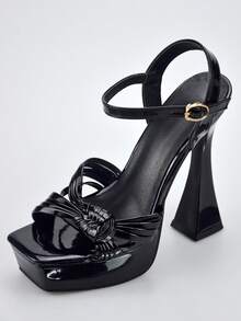 Women's New Black Woven Thin Strap Square Toe Waterproof Platform Open Toe Sandals, Versatile French Style Chunky Heel Shoes - Black - View 3