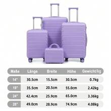 مجموعة حقائب سفر دوارة من 4 قطع من مادة ABS بمقاسات 14"/19"/24"/28" – أحجام كبيرة ومتوسطة مع مقابض جانبية وخطافات تعليق وأقدام واقية – قفل مدمج برقم سري وحقيبة مستحضرات تجميل بمقاس 14" - الأرجواني - مشاهدة 2