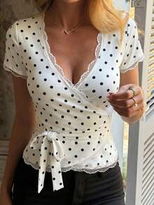 Women's Pure White Short Sleeve T-Shirt, Unique Design With Lace Trim V-Neck Cardigan Casual Summer - Black and White - View 5
