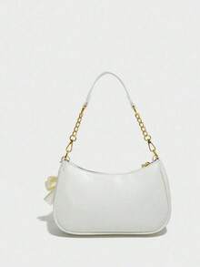 Women's Solid Color PU Material Shoulder Bag, Letter, Bow And Pearl Pendant - White - View 4