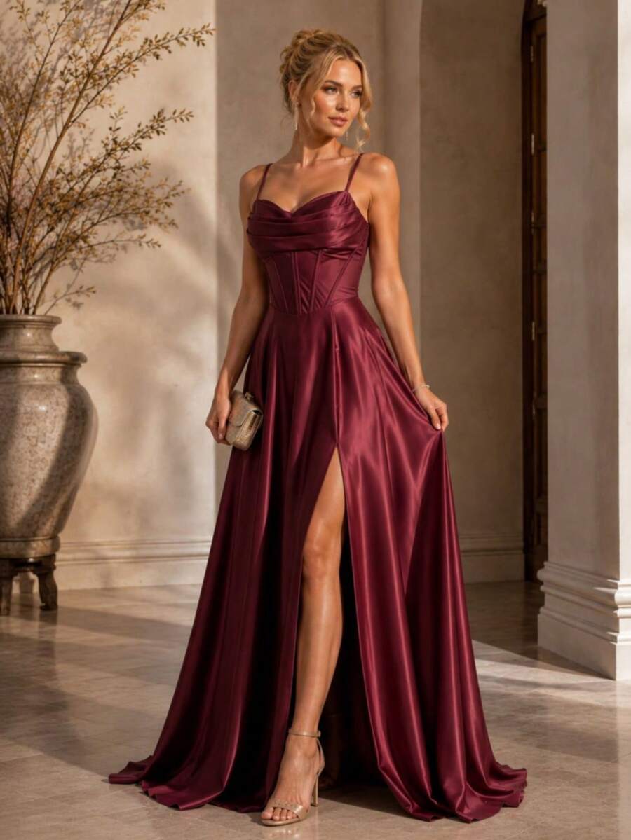 Bridesmaid Dress For Graduation Party Guests Royal Navy Terracotta Rose Serenity Marsala Emerald Green Mint Green Nude Or Lilac - 紅木色 - 查看 1