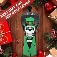 St. Patrick's Day Lucky Four-Leaf Clover & Skull Embroidered Golf Club Headcover, Good Luck Design, Unique Eye-Catching Golf Accessory Gift - Black - View 5
