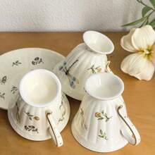 1 Set 2pcs 200ml European Vintage Pastoral Style Insect Pattern Gold Rim Coffee Cup & Saucer Set, Exquisite Tea Set For Hotel, Home, Afternoon Tea, Holiday Gift - Apricot - View 8