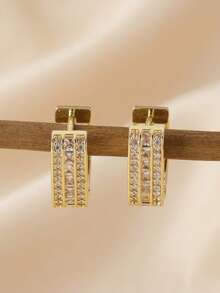 CHICAT 1 Pair Women's Hoop Earrings, Featuring Three-Row Geometric Hollow Mesh Design, Inlaid With Rectangular Cut And Pave Round Cubic Zirconia, An Eye-Catching Piece, An Ideal Gift Choice - Gold - View 5