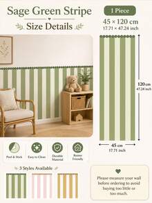 SUPSTICKER 1片柔和粉色波點與條紋半牆貼，防水可移除PVC自黏壁紙，適用於嬰兒房臥室，17.72x35.4/47.24英吋 - 彩色 - 查看 16