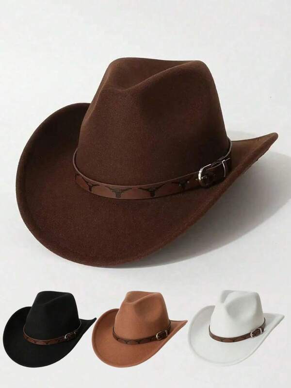 This Classic Unisex Cowboy Hat, Featuring A Brown Belt, Silver-Black Bull Logo And Metal Buckle, Is An Adjustable Outdoor Performance Hat Suitable For Both Men And Women. It Is Perfect For Daily Casual Wear, Outdoor Activities, Horse Riding, Party Stage Performances And Western Cowboy Gatherings.