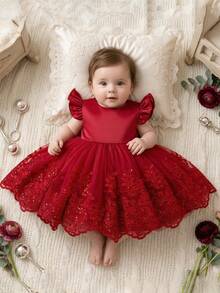 Baby Girl Elegant Minimalist Burgundy Round Neck Sleeveless Backless Detachable 3D Bow Dress, Suitable For Birthday Party, Evening Gala, Performance, Wedding, Ball, Opening Ceremony And Other Occasions. Baby Girl Daily Wear, Suitable For School, Outdoor Activities, Vacation - Burgundy - View 5