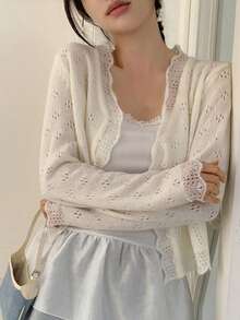 Solid Color Petal Hollow Design Knit Cardigan White - White - View 1