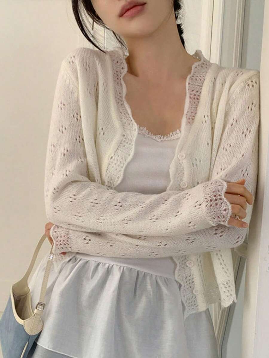 Solid Color Petal Hollow Design Knit Cardigan White - White - View 1