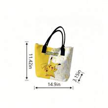 Miniso 寶可夢帆布托特包，半黃半白拼接設計，皮卡丘印花，可重複使用日常肩背手提包，適用於上學、購物與日常攜帶 - 黑色 - 查看 6