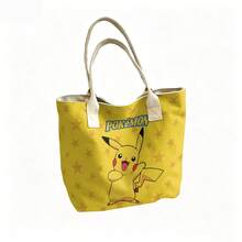 Miniso Pokémon Canvas Tote Bag, Yellow Base With All Over Star Print, Front Pikachu Graphic & Logo, Reusable Daily Shoulder Handbag For School, Shopping - Pink - View 4
