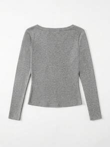 Kaos Lengan Panjang Slim Fit Wanita Minimalis Warna Polos dengan Leher U Dalam, Atasan Lapisan Dasar Elastis Serbaguna untuk Musim Gugur - Dark Grey - View 4